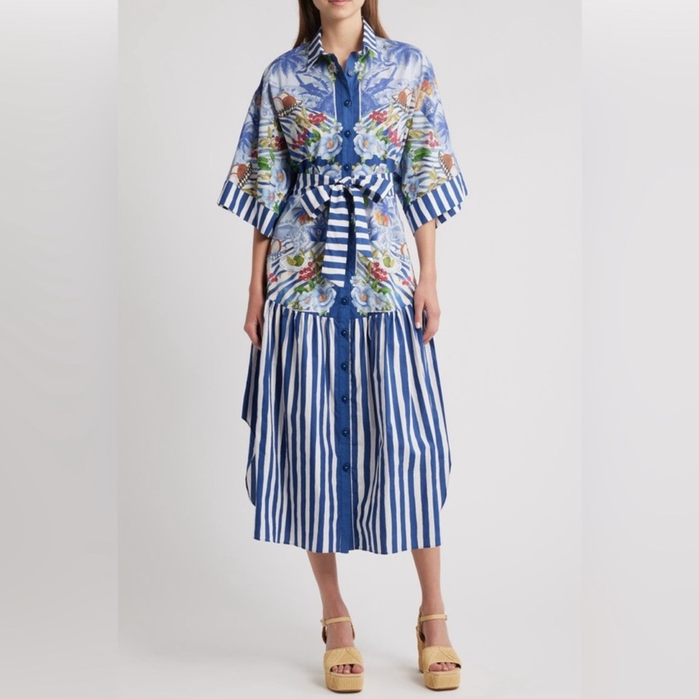 FARM Rio Striped Blue and White A-Line Dress